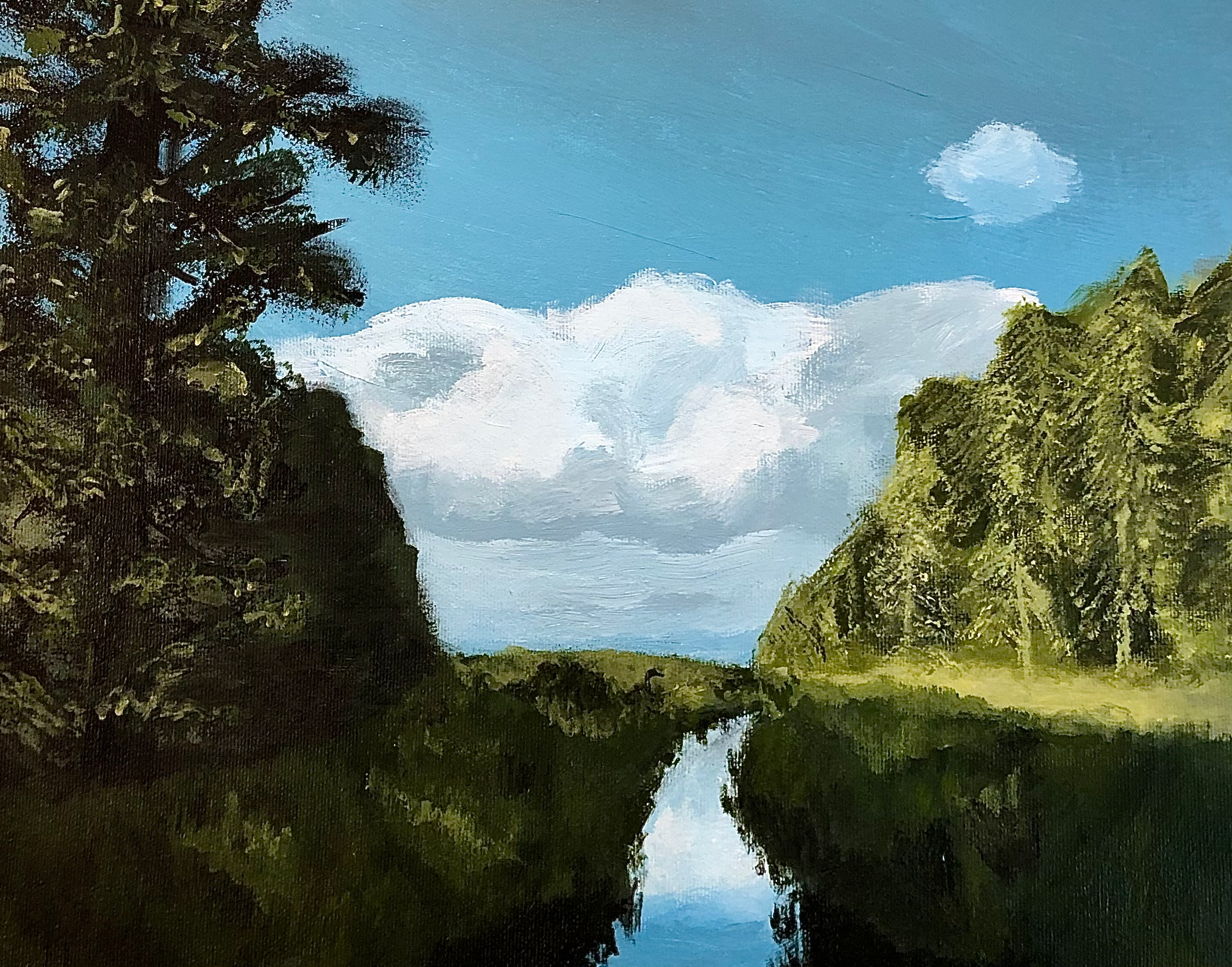 Landscape painting of a stream surrounded by trees