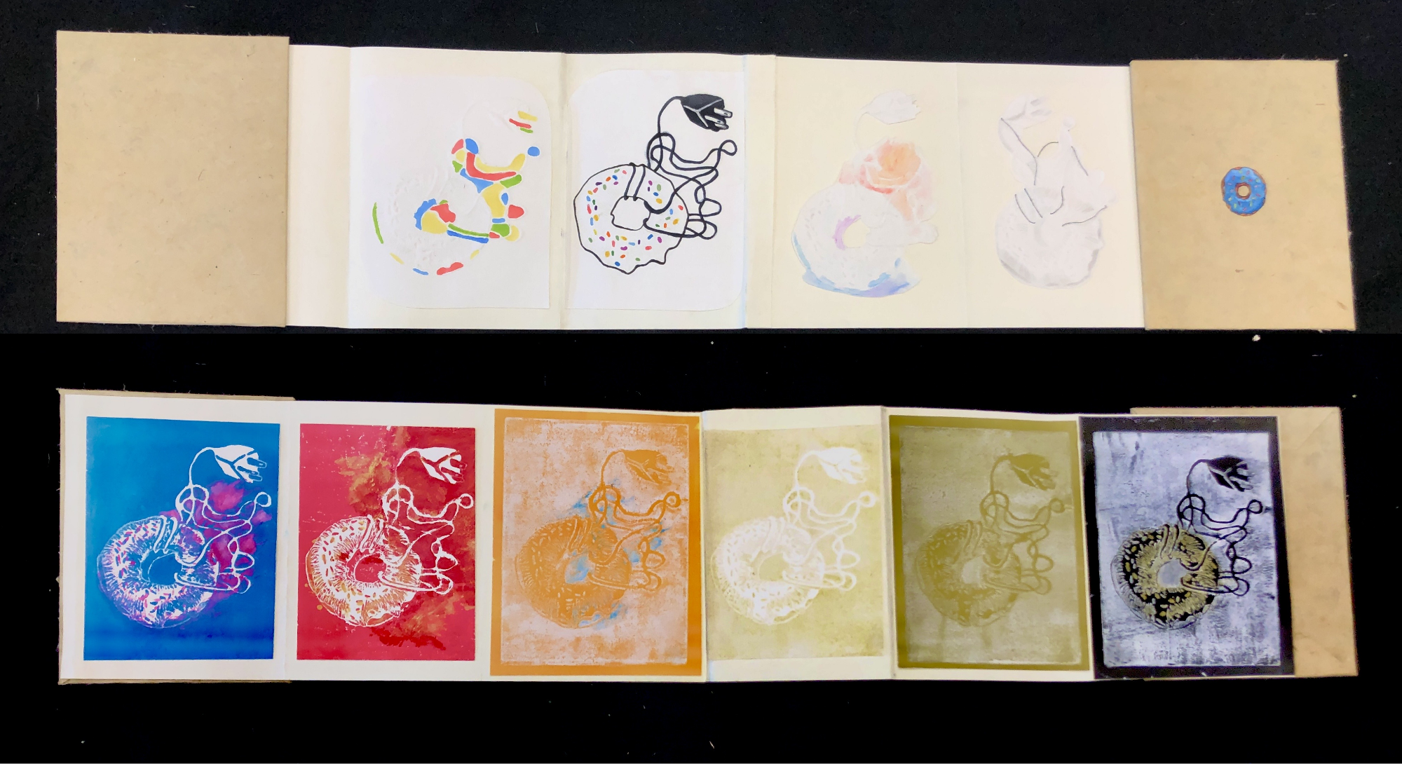 Inside of the book, binded in Accordion style. Top row for embossing and bottom row for printmaking