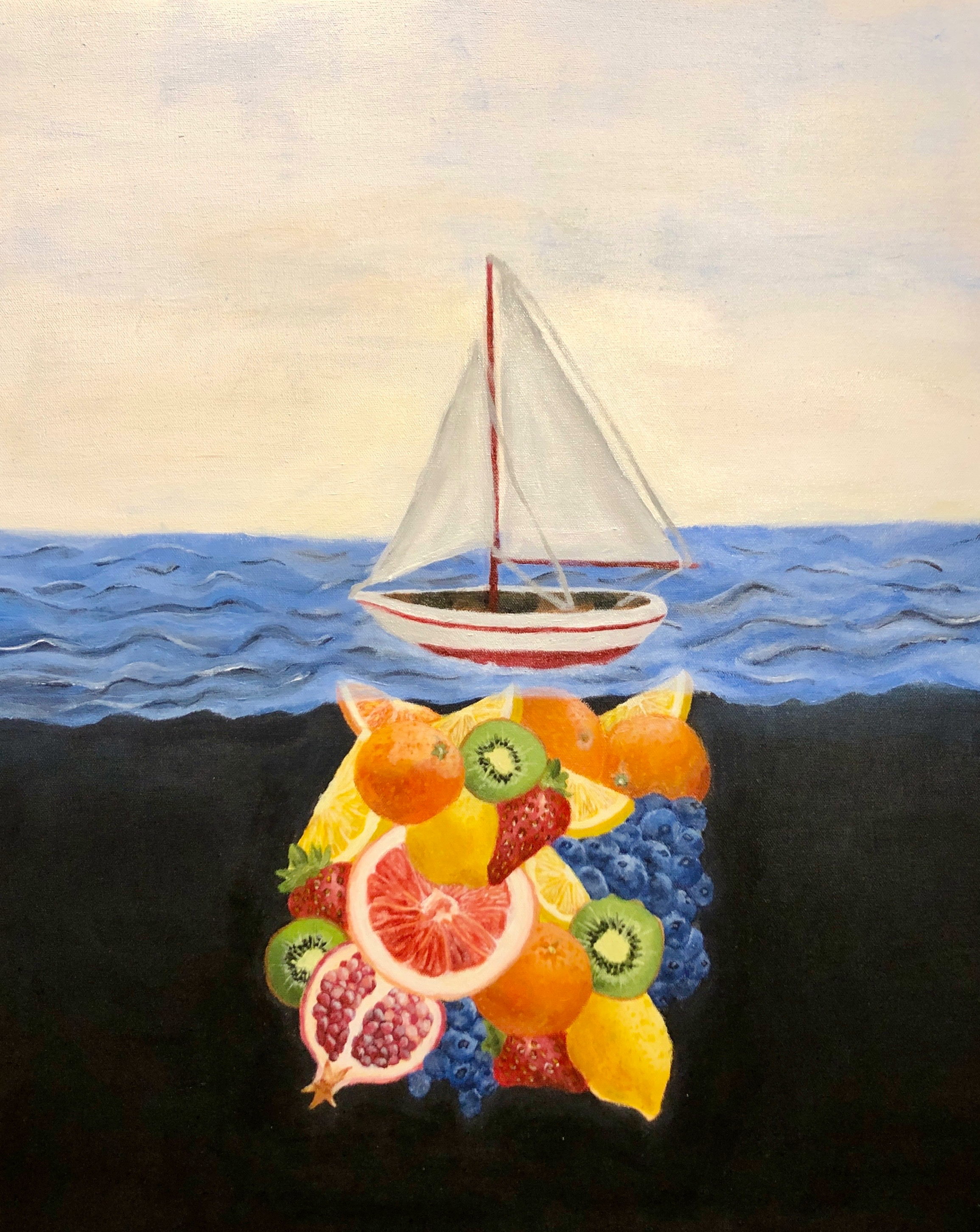 Final painting with fruits, ocean, and ship