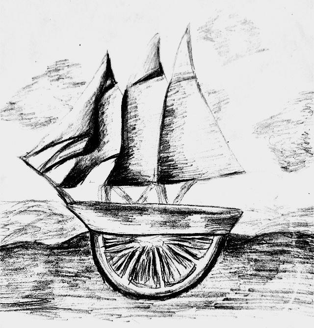 A sailboat with portions of it under water replaced with an orange fruit